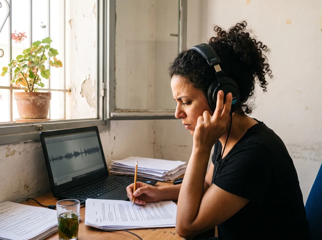 A reviewer listens back to a recording and corrects the transcript